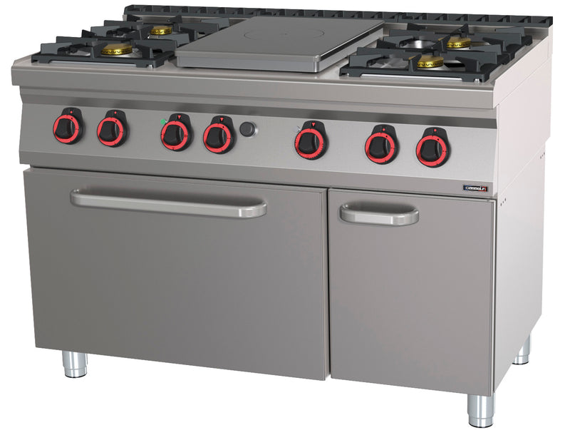 Fourneau gaz 4 feux + 1 plaque coup de feu avec four électrique statique GN 2/1 HP 120