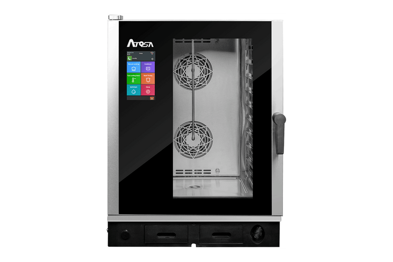 Four Mixte Professionnel 10 Niveaux GN1/1 Doté De Plusieurs Mode De Cuisson Programmées : Cuisson Vapeur, Cuisson À Basse Température, Cuisson Delta T, Rôtisserie, Grillade, Friture. Enceinte De Cuisson En Acier Inox AISI 304 Avec Angles Arrondis Pour Faciliter Le Nettoyage — Atosa