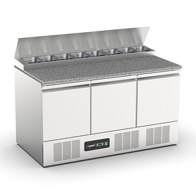 Saladette a pizza refrigeree positive couvercle fixe inox plan trav granit 3p 8 bacs gn 1/6 251l 3 grilles + 3pg bac gn non inclus — Carat