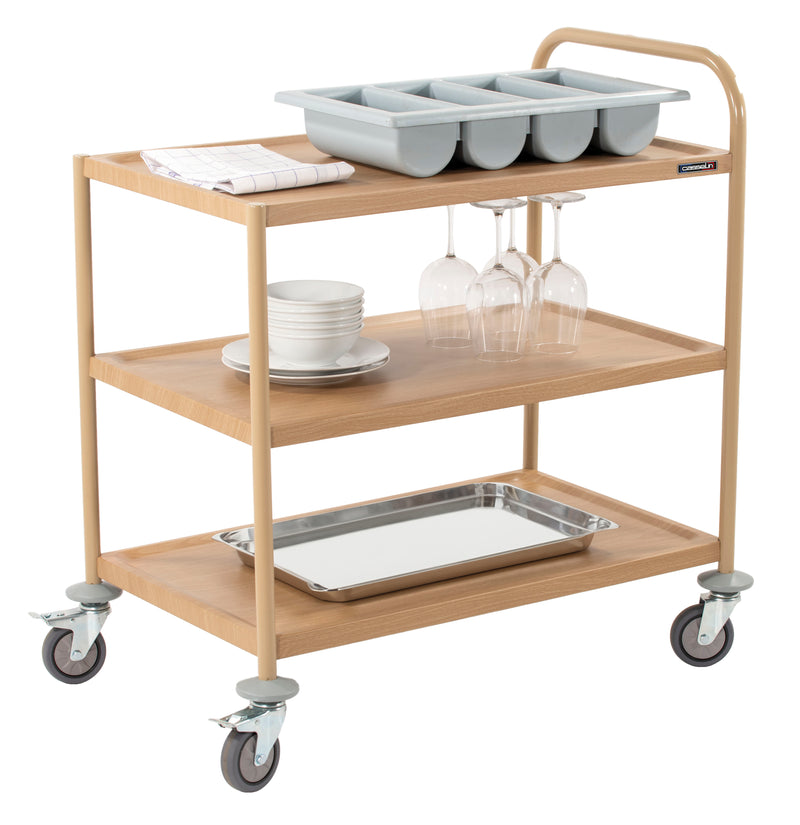 Chariot de service imitation bois 3 plateaux 1 arceau