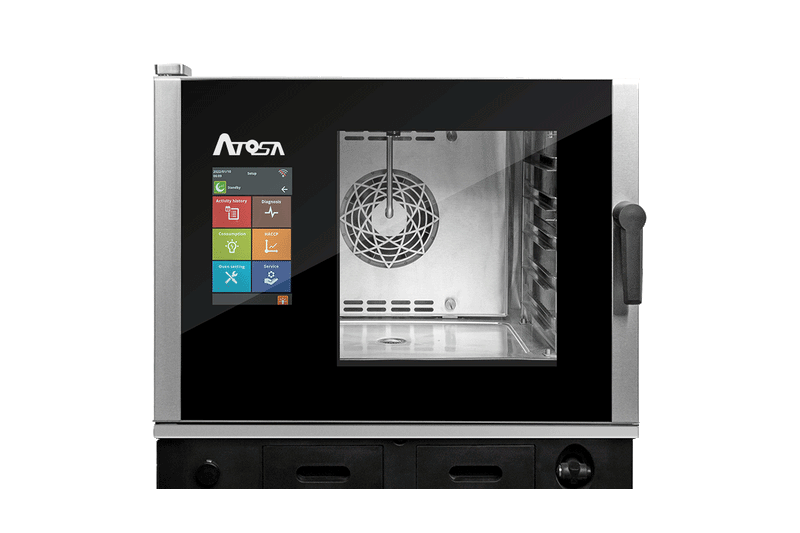 Four Mixte Professionnel 5 Niveaux GN1/1 Doté De Plusieurs Mode De Cuisson Programmées : Cuisson Vapeur, Cuisson À Basse Température, Cuisson Delta T, Rôtisserie, Grillade, Friture. Enceinte De Cuisson En Acier Inox AISI 304 Avec Angles Arrondis Pour Faciliter Le Nettoyage — Atosa