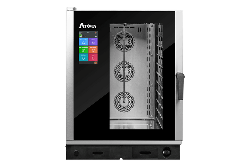 Four Mixte Professionnel 10 Niveaux GN2/1 Doté De Plusieurs Mode De Cuisson Programmées : Cuisson Vapeur, Cuisson À Basse Température, Cuisson Delta T, Rôtisserie, Grillade, Friture. Enceinte De Cuisson En Acier Inox AISI 304 Avec Angles Arrondis Pour Faciliter Le Nettoyage — Atosa