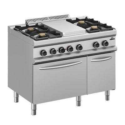 Fourneau a gaz 4 feux 4x7kw + 1 pcf sur four gaz gn2/1 + placard  dotation four: 1 grille gn2/1 — Technitalia essential