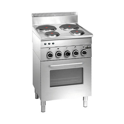 Fourneau 4 plaques rondes 2x2,6kw+2x1,5kw sur four electrique ventile dotation four: 1 grille 450x365x15 chrome et 1 plaque 450x390x25 émaillé — Technitalia essential