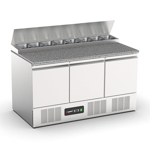Saladette a pizza refrigeree positive couvercle fixe inox plan trav granit  3p 8 bacs gn 1/6 251l 3 grilles + 3pg bac gn non inclus — Carat